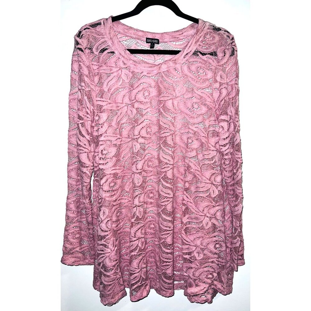 Shu Shu Womens Lace Pink Long Sleeve Sheer Blouse Large